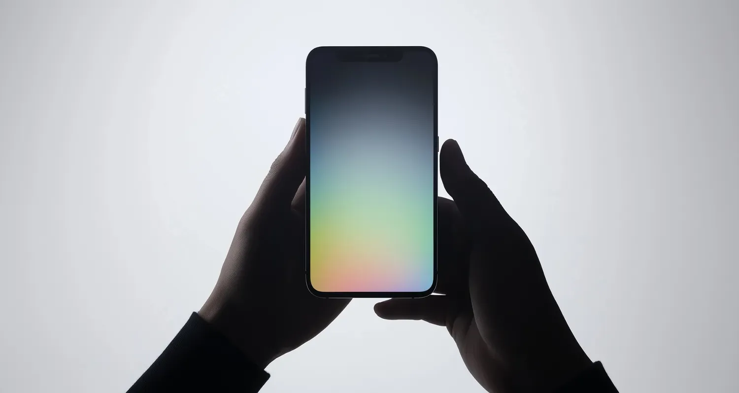 Silhouetted hands holding a smartphone with a glowing gradient screen