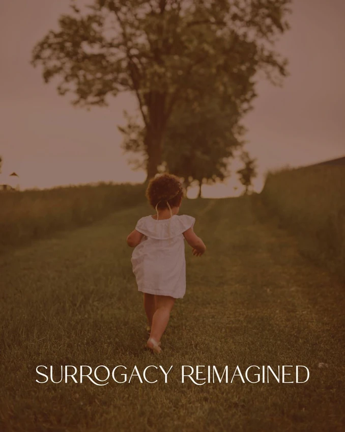 A young child running outdoors on a grassy field towards a large tree at sunset with the words 'SURROGACY REIMAGINED' at the bottom.