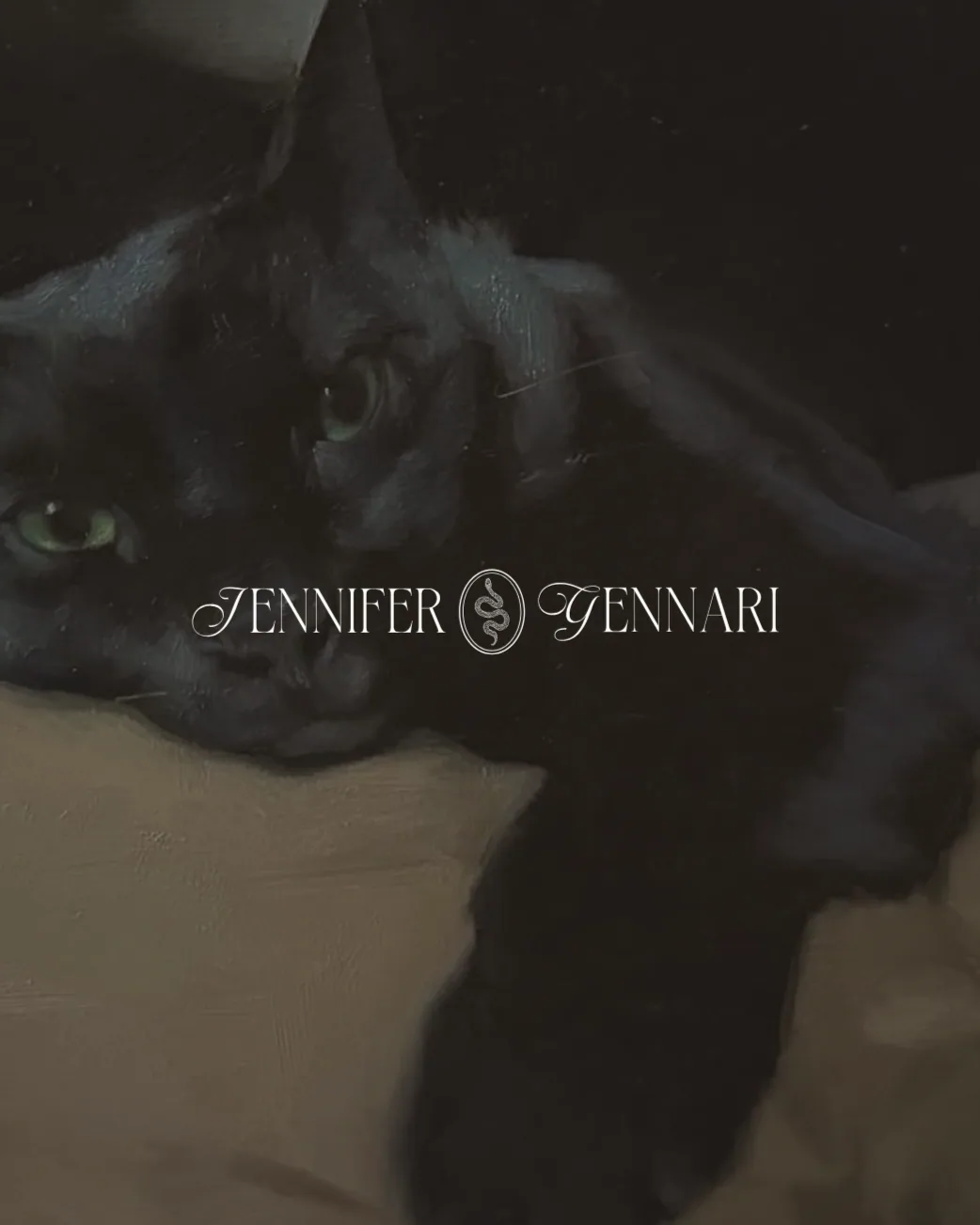 A black cat lying on a wooden floor, looking at the camera with green eyes. The name 'Jennifer Gennari' is overlaid on the image.